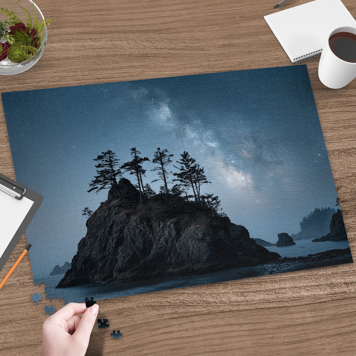 Scenic Night Sky Over Rocky Island Puzzle