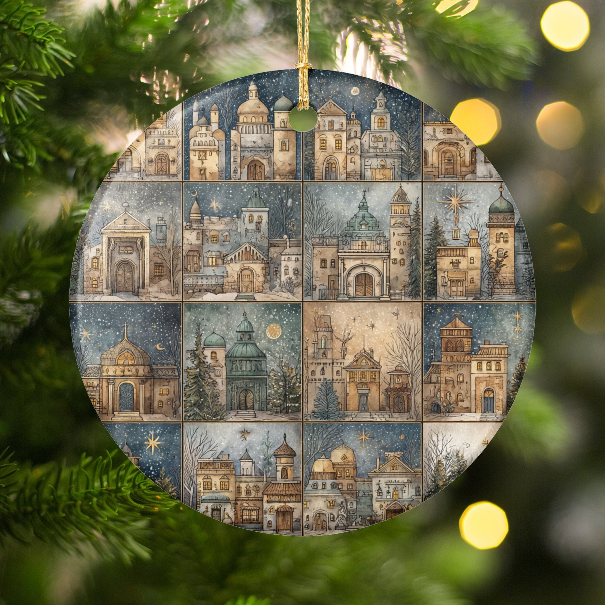 Handpainted Christmas Village Scene Ornament