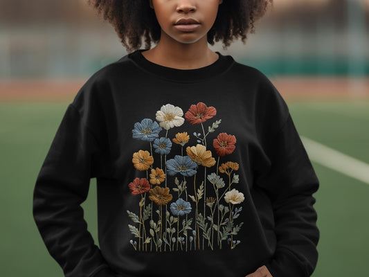 Colorful Floral Embroidered Design Black Sweatshirt