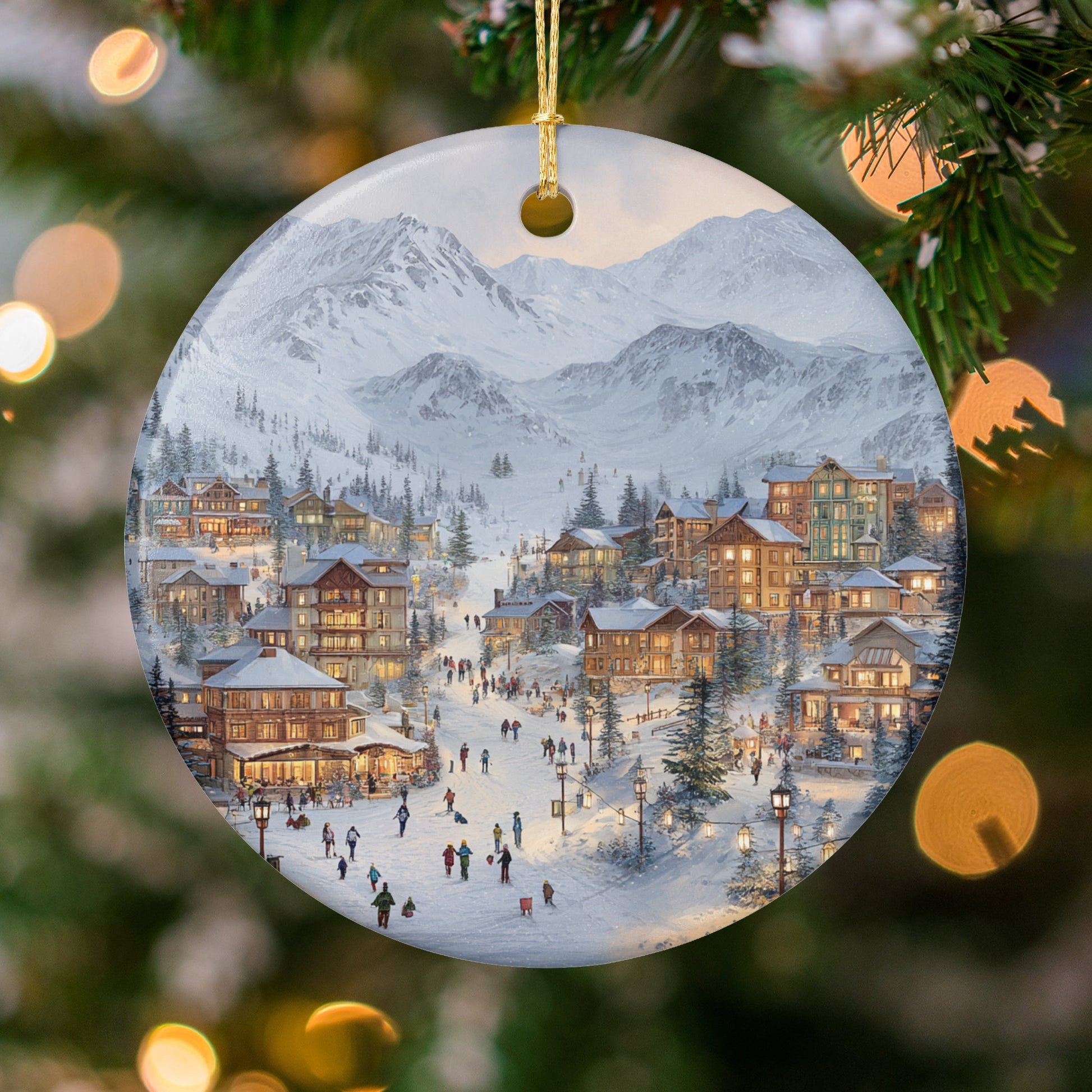 Winter Town Scene Snowy Mountain Ornament