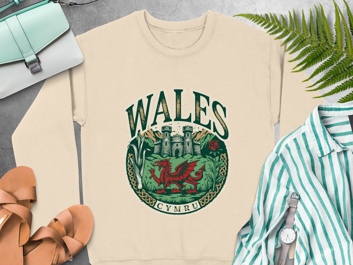 Cream sweatshirt with "WALES" and a red dragon with castle, mountains, and "CYMRU" text.