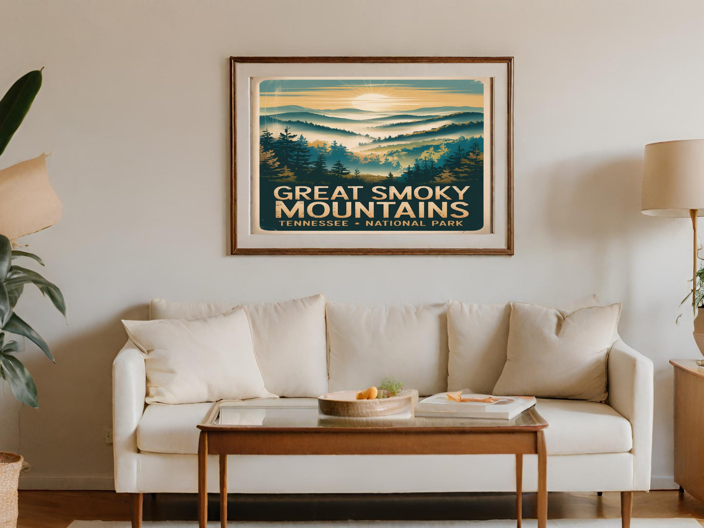 "Great Smoky Mountains Tennessee National Park" vintage style poster framed above a sofa.