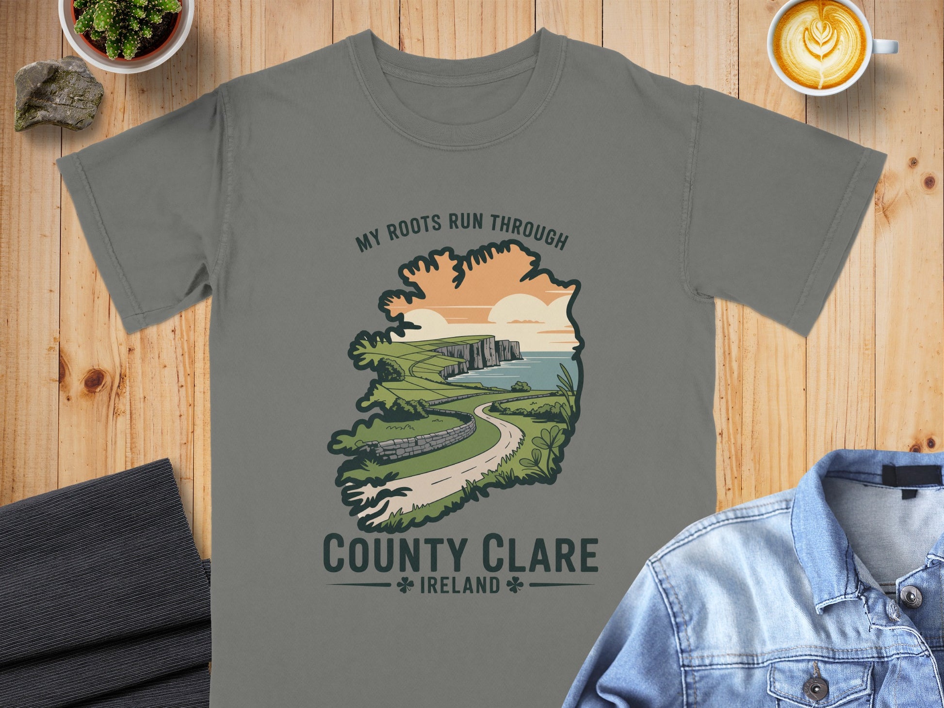 Grey t-shirt with "My Roots Run Through County Clare Ireland" graphic.