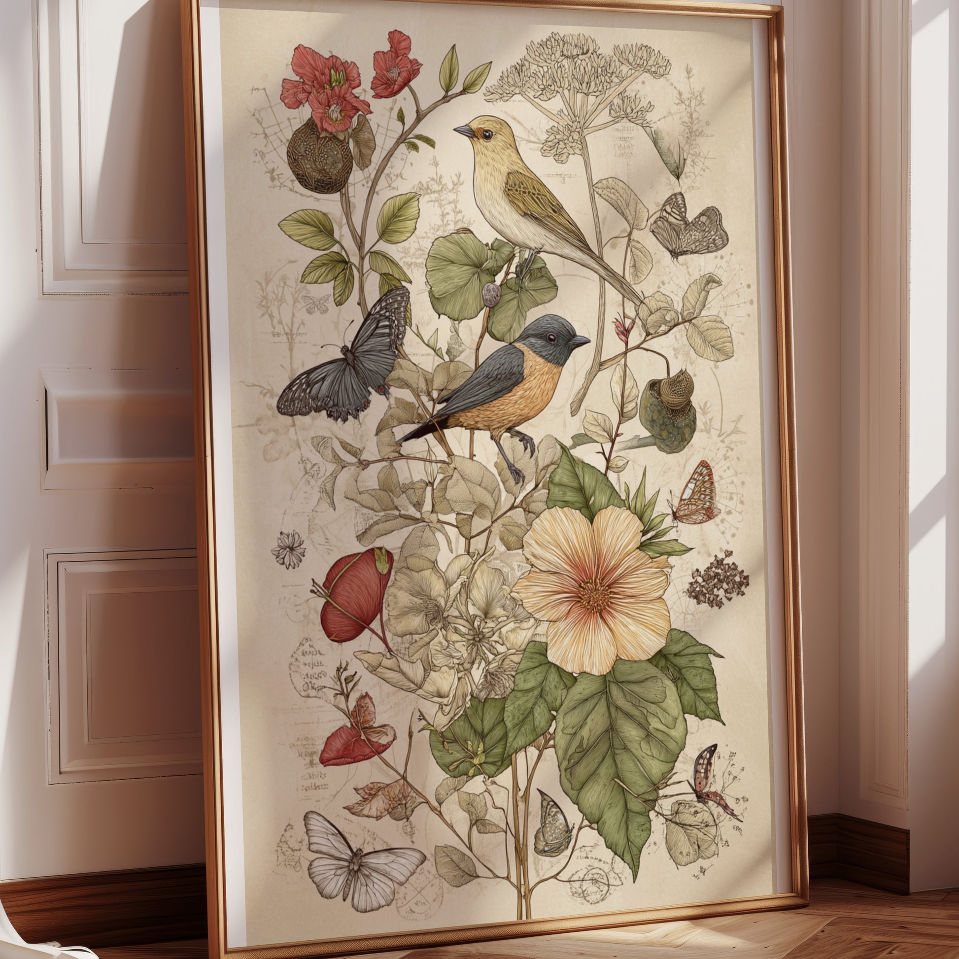 Botanical Bird and Butterfly Wall Art Decor Print