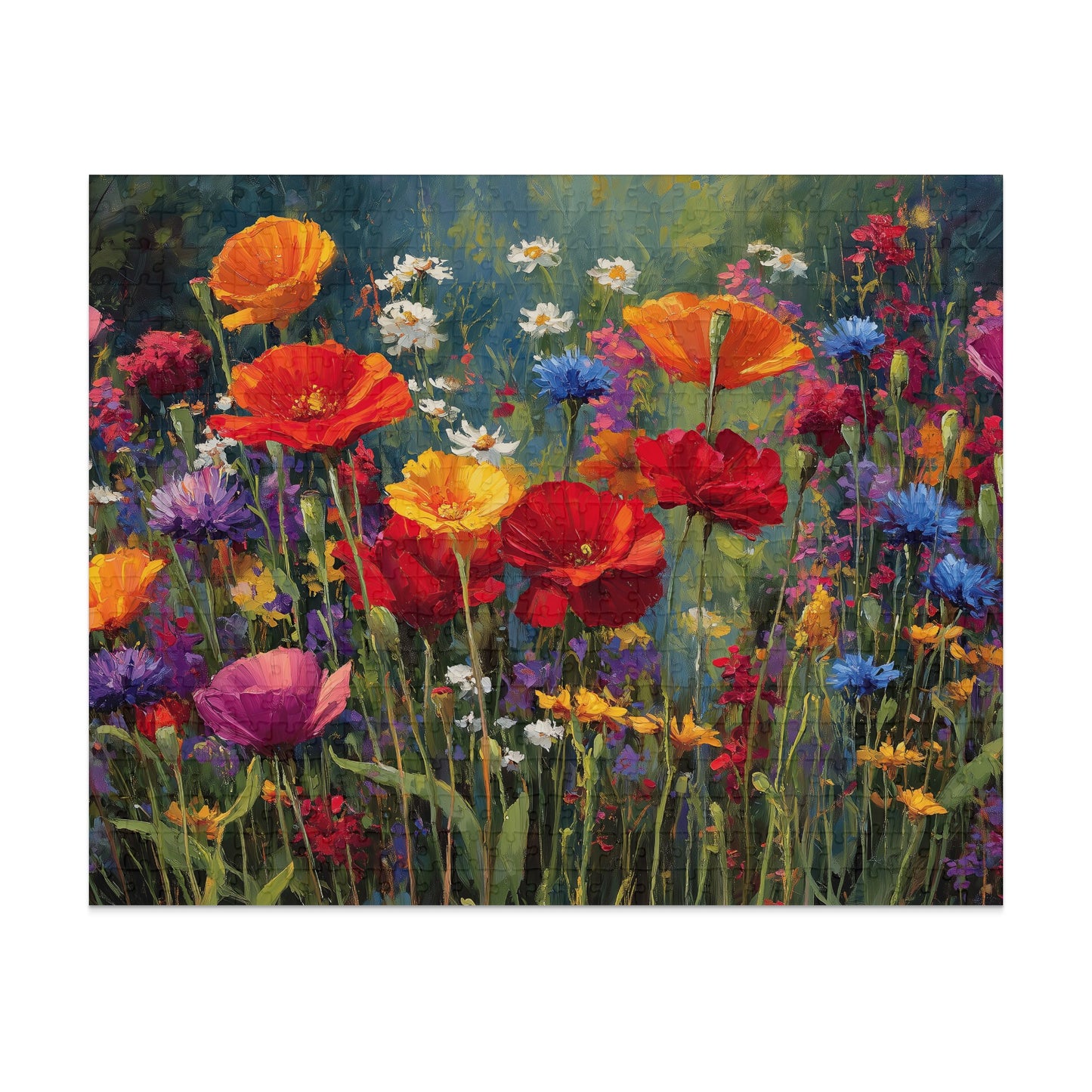 Vibrant oil painting of red, orange, yellow, and purple poppies and wildflowers.
