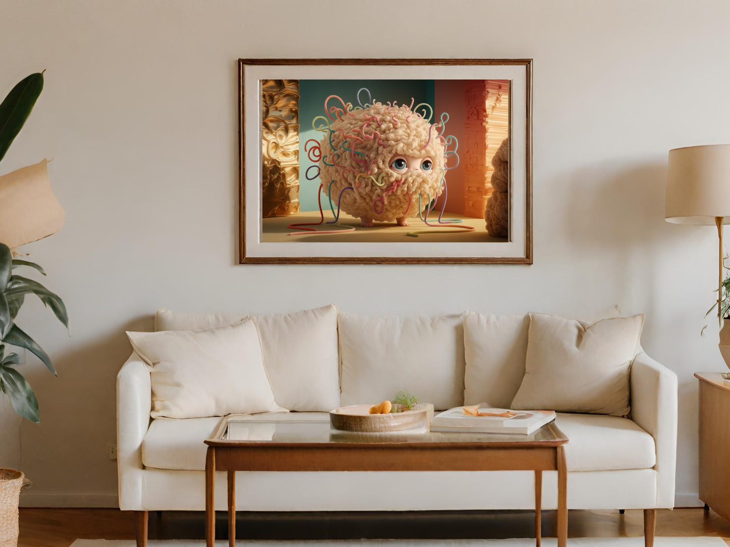 Cute, fuzzy monster with curly colorful strings, framed artwork above a sofa.