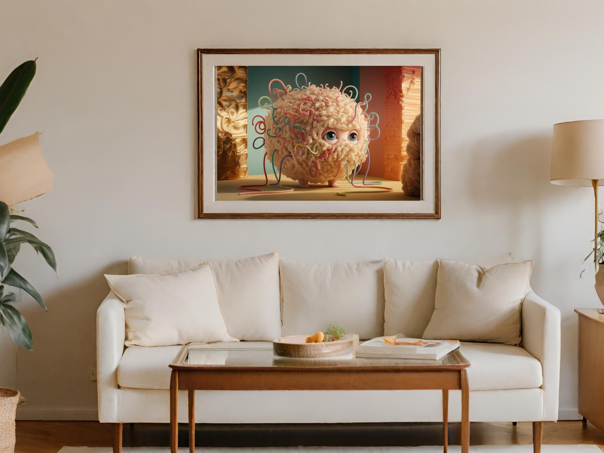 Cute, fuzzy monster with curly colorful strings, framed artwork above a sofa.