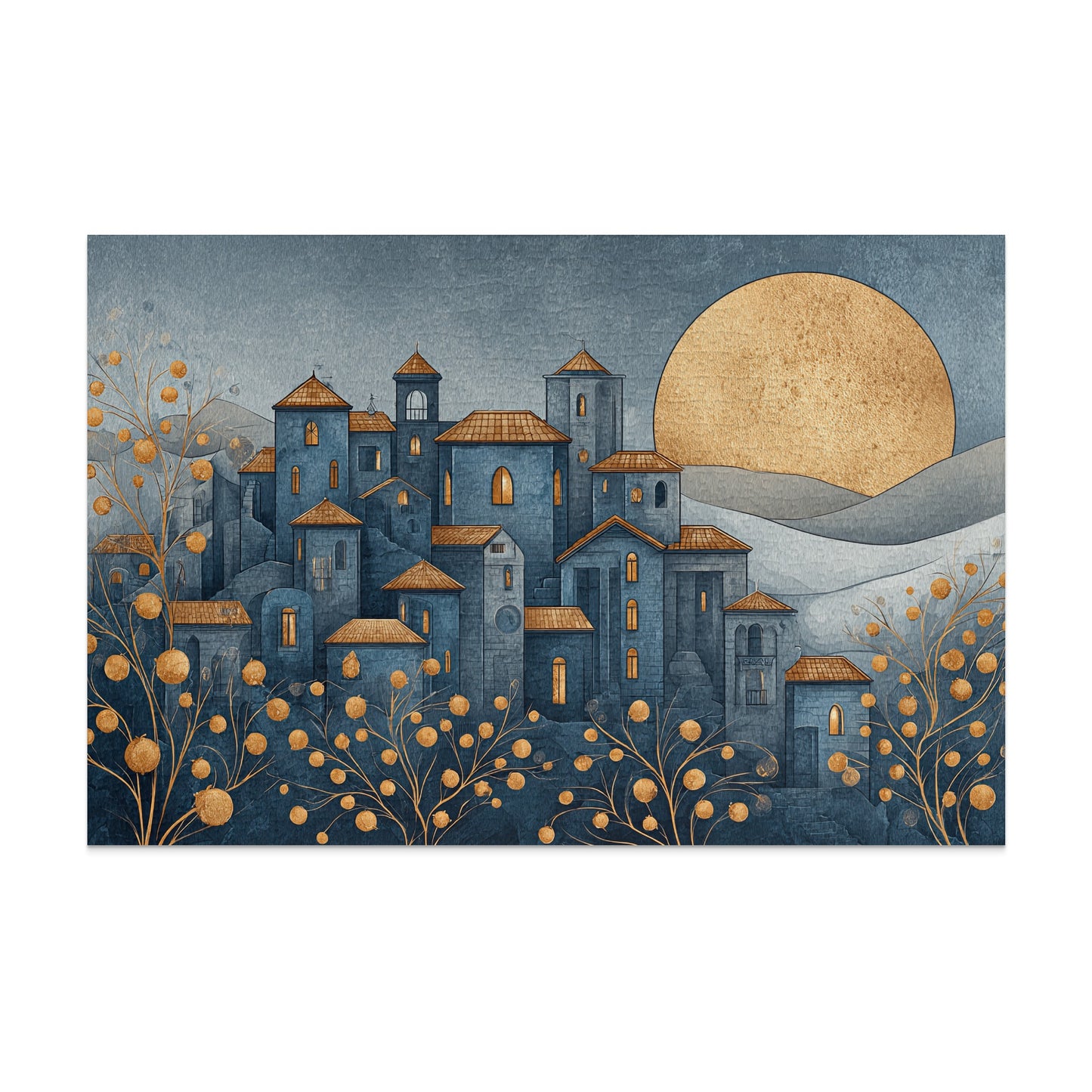 Golden Sun and Blue Buildings Artwork Poster