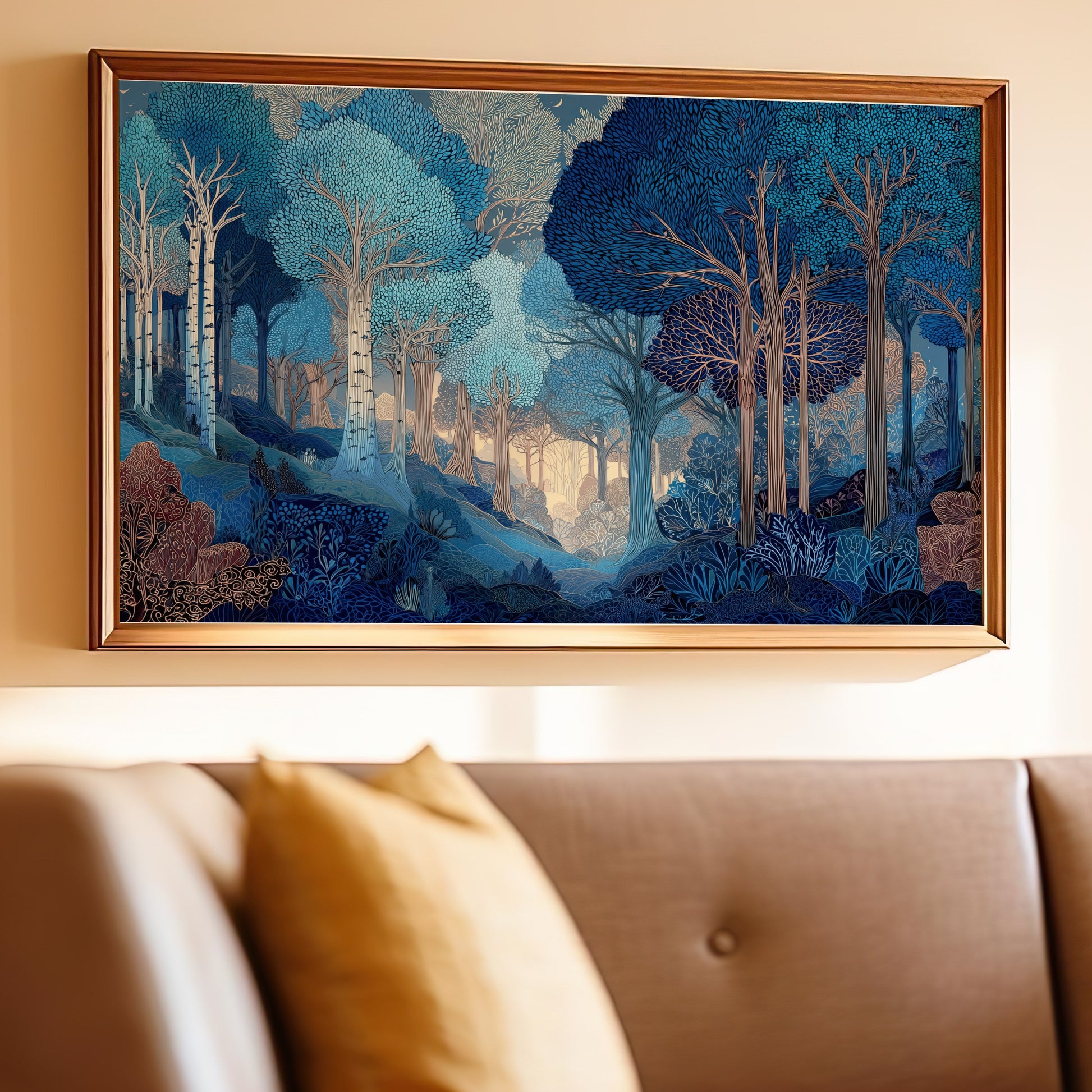 Deep blue stylized forest imagery framed art print product type