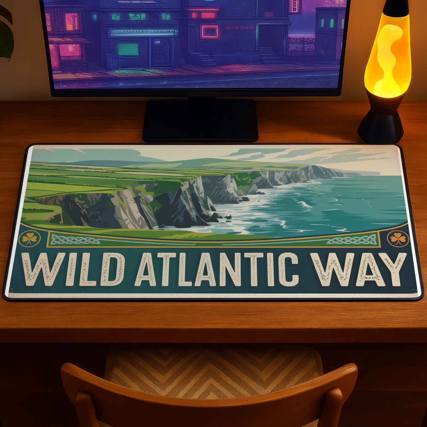Large desk mat with Wild Atlantic Way text and scenic Irish cliff landscape illustration.