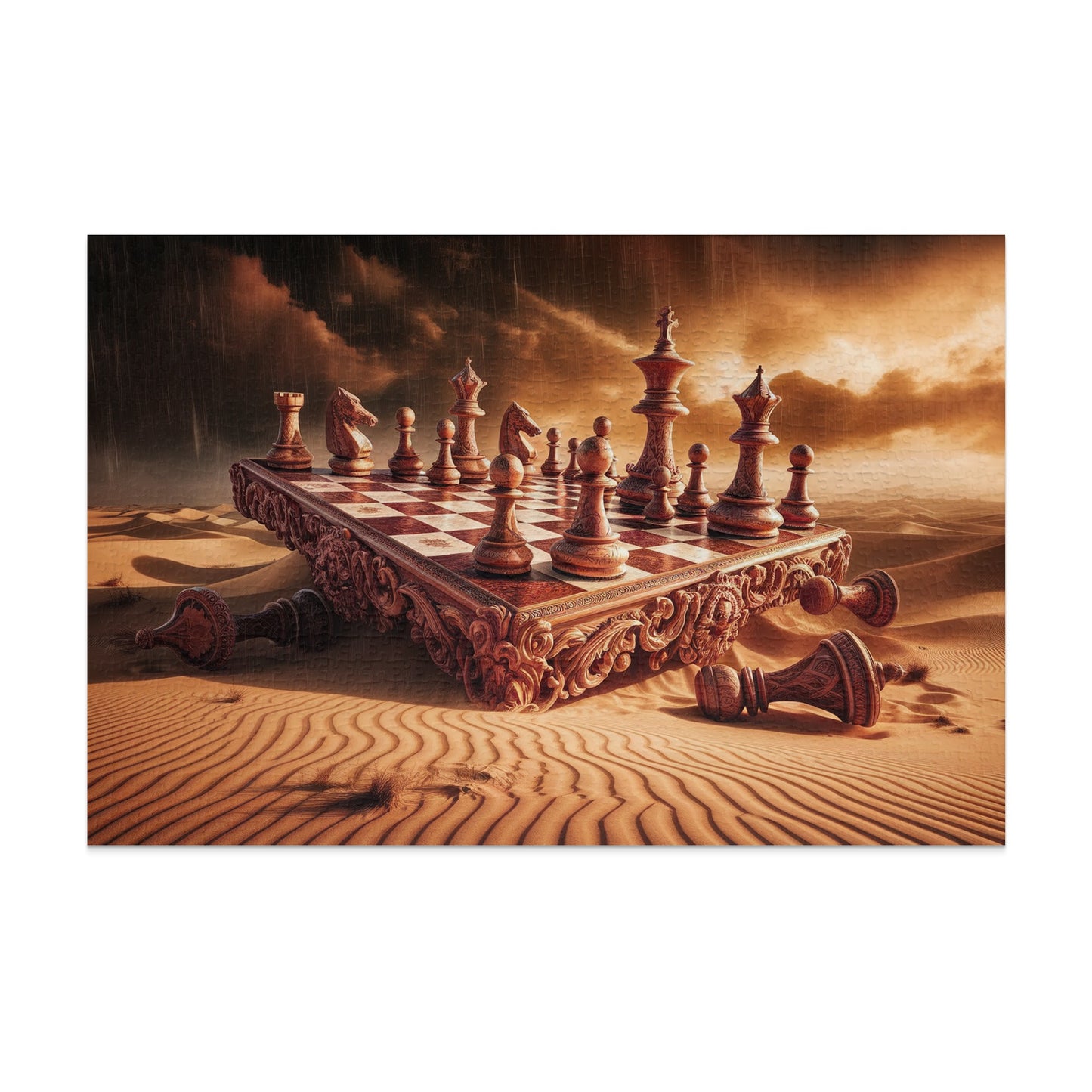 Ornate chessboard with pieces set up in a desert landscape with stormy skies.