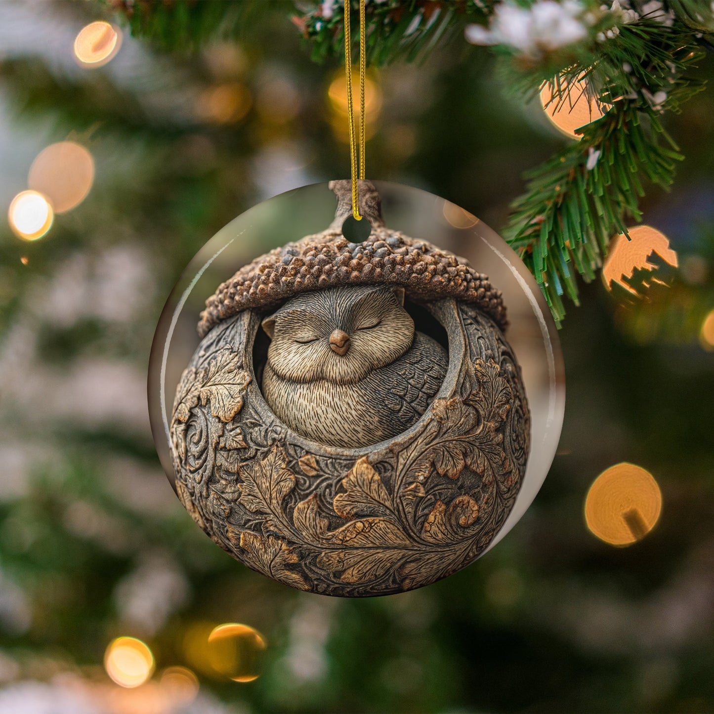 Owl Christmas Ornament with Leafy Acorn Design