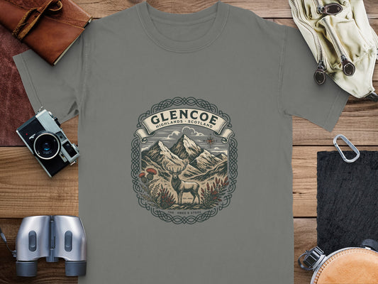 Glencoe Highlands Scotland t-shirt design with stag and mountains.