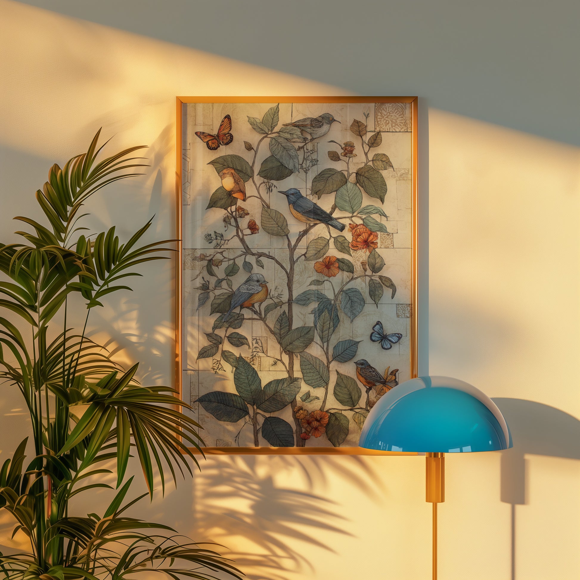 Colorful Bird and Butterfly Wall Art Decor Print