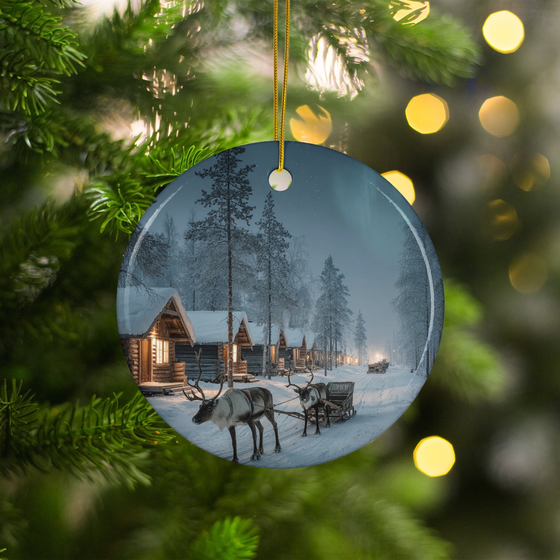 Rustic Winter Scene with Reindeer Ornament