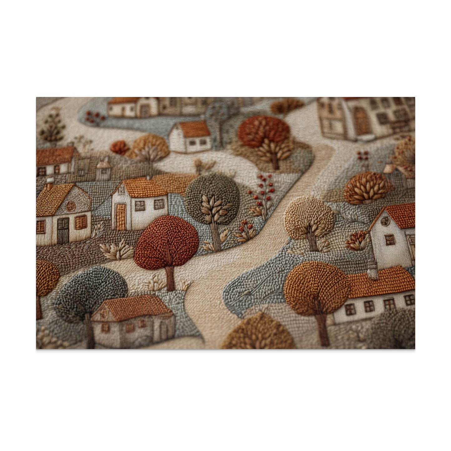 Embroidered Village Scene Art Rural Countryside Design