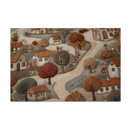 Embroidered Village Scene Art Rural Countryside Design