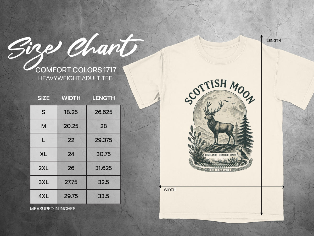 Comfort Colors 1717 heavyweight adult tee size chart with width and length measurements.