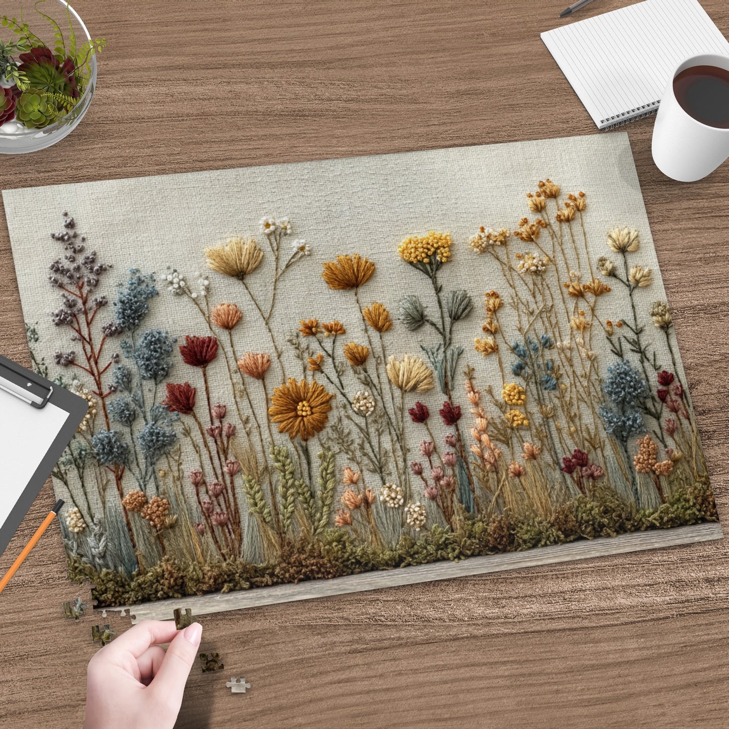 Embroidered Floral Scene Puzzle with Colorful Flowers