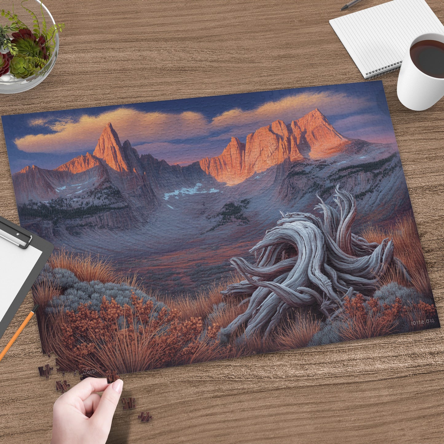 Mountain peaks illuminated by sunset over a valley with a weathered tree stump foreground.