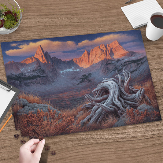 Mountain peaks illuminated by sunset over a valley with a weathered tree stump foreground.