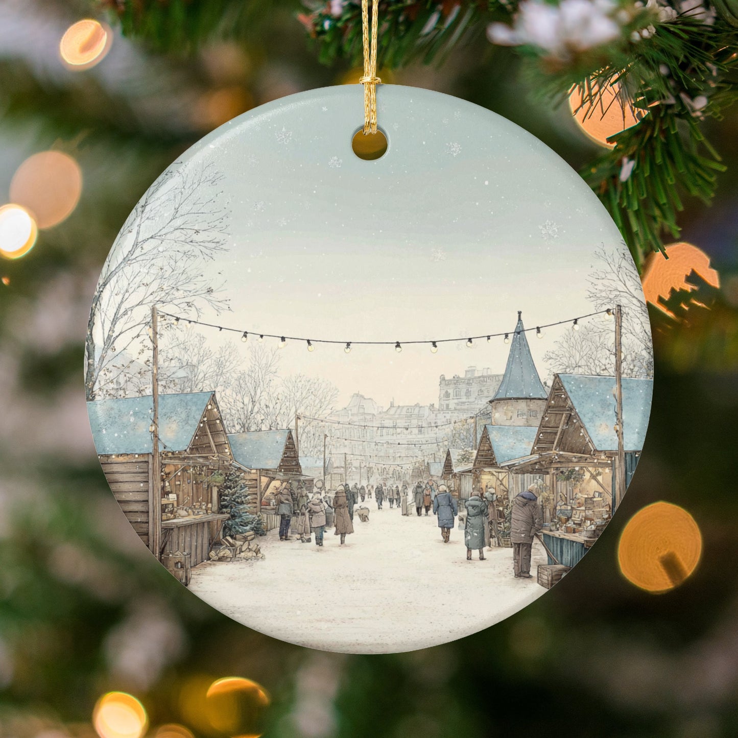 Charming Winter Market Scene on Ceramic Ornament