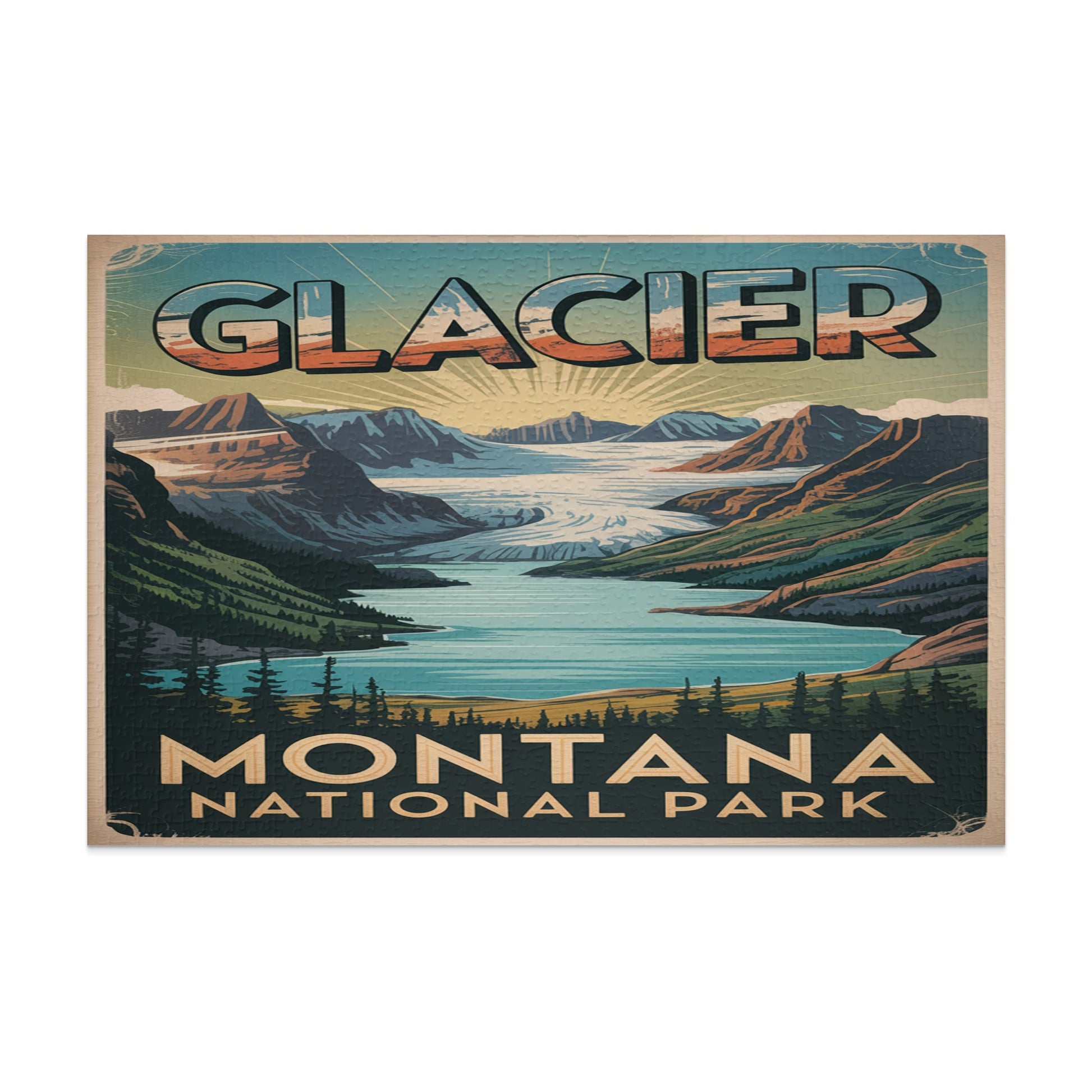 Glacier National Park Montana vintage travel poster with mountains and lake.