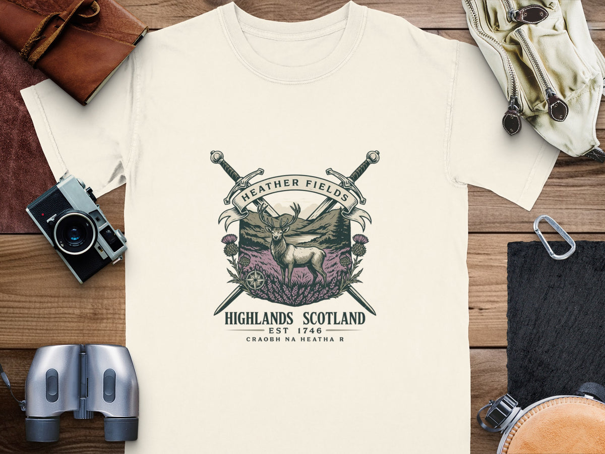 T-shirt with "Heather Fields Highlands Scotland Est 1746" graphic.