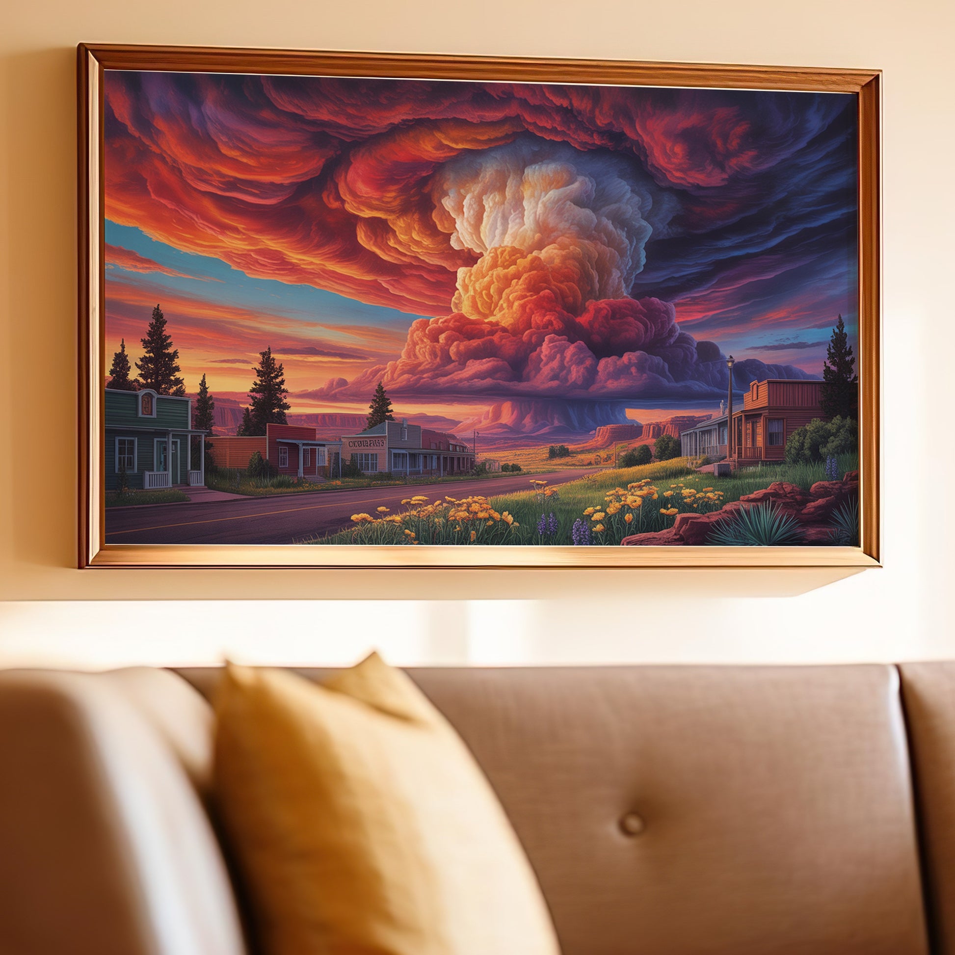 Framed painting of a dramatic sunset over a western town with a large cloud formation.