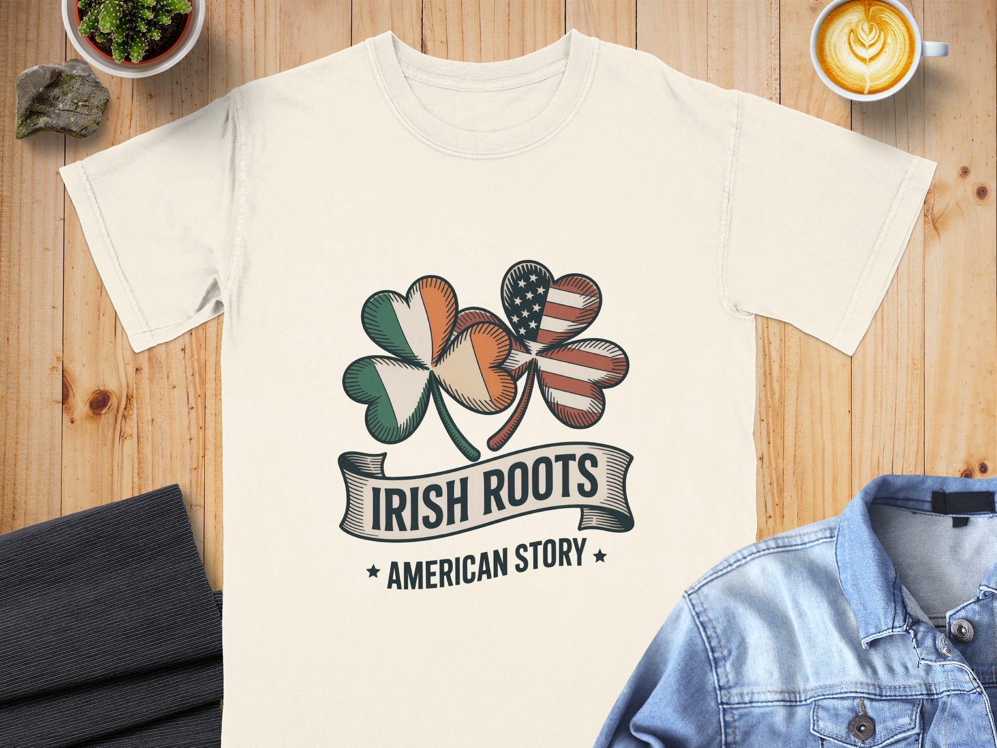 T-shirt with Irish and American flag shamrocks and "Irish Roots American Story" text.