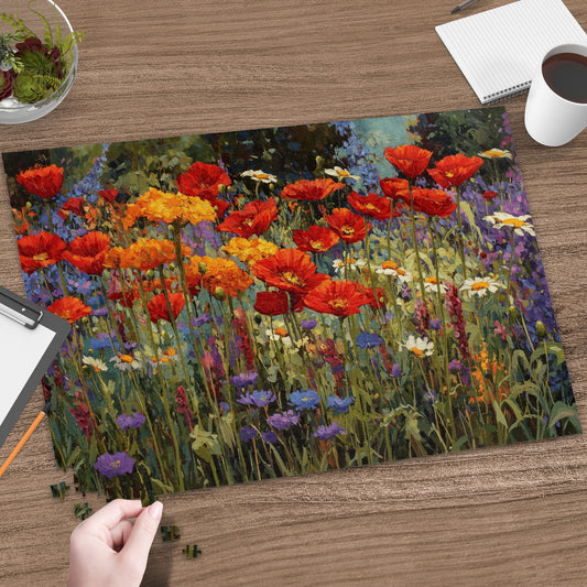 Jigsaw puzzle of a field of vibrant poppies and wildflowers on a wooden table.