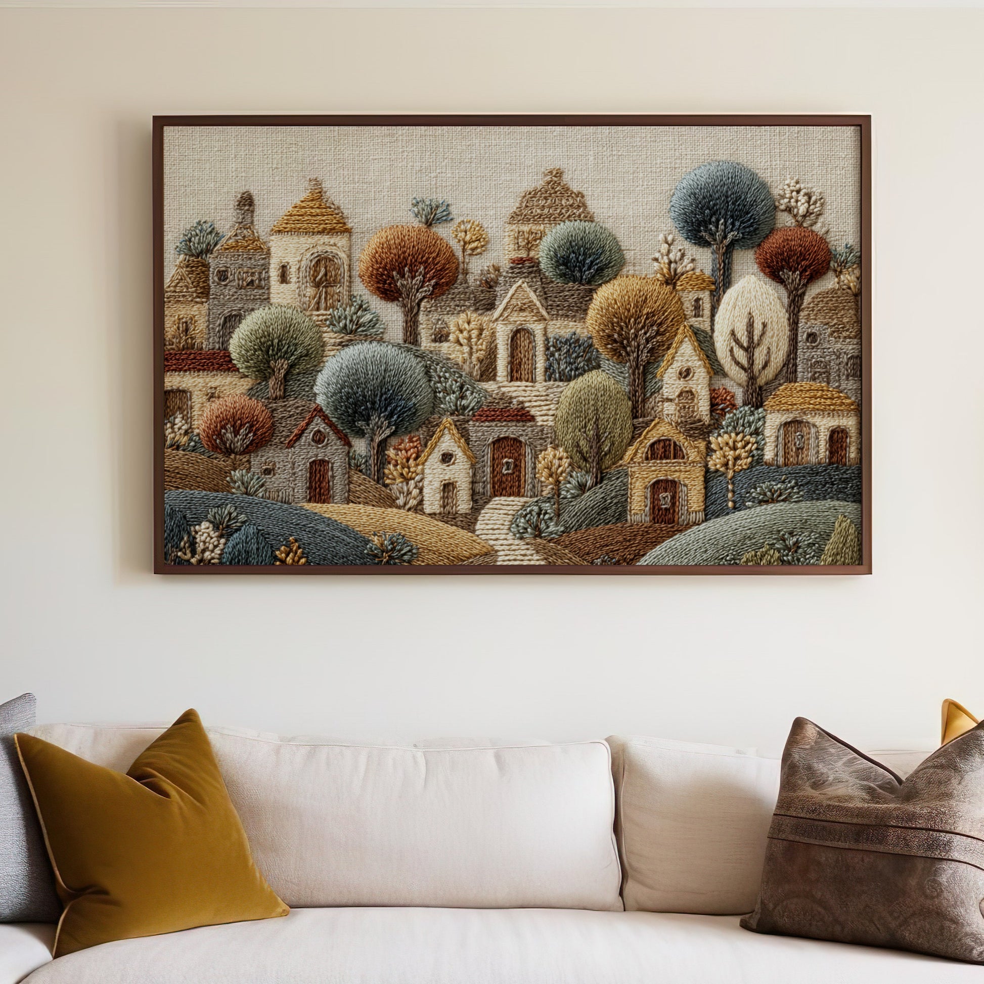 Handcrafted Embroidered Scenic Village Wall Art Decor
