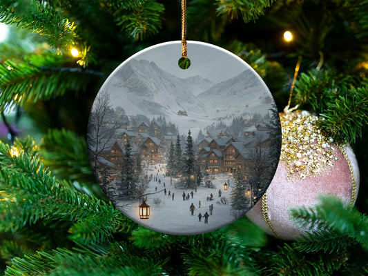 Festive Winter Village Scene on Christmas Ornament
