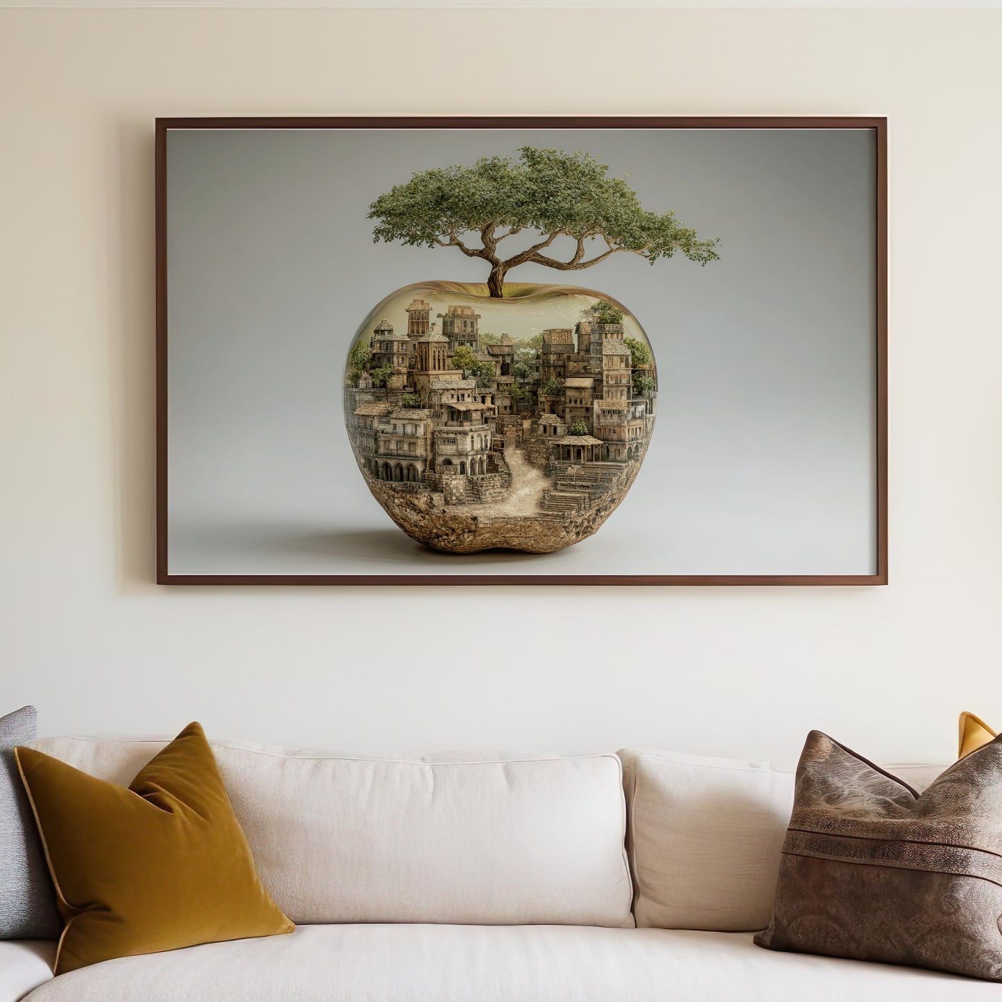 Fantasy cityscape inside an apple with a tree growing from the top.