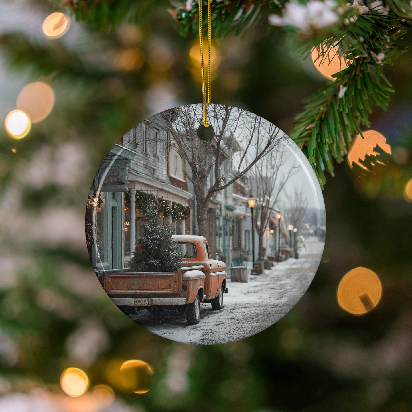 Classic Winter Scene with Red Truck Ornament