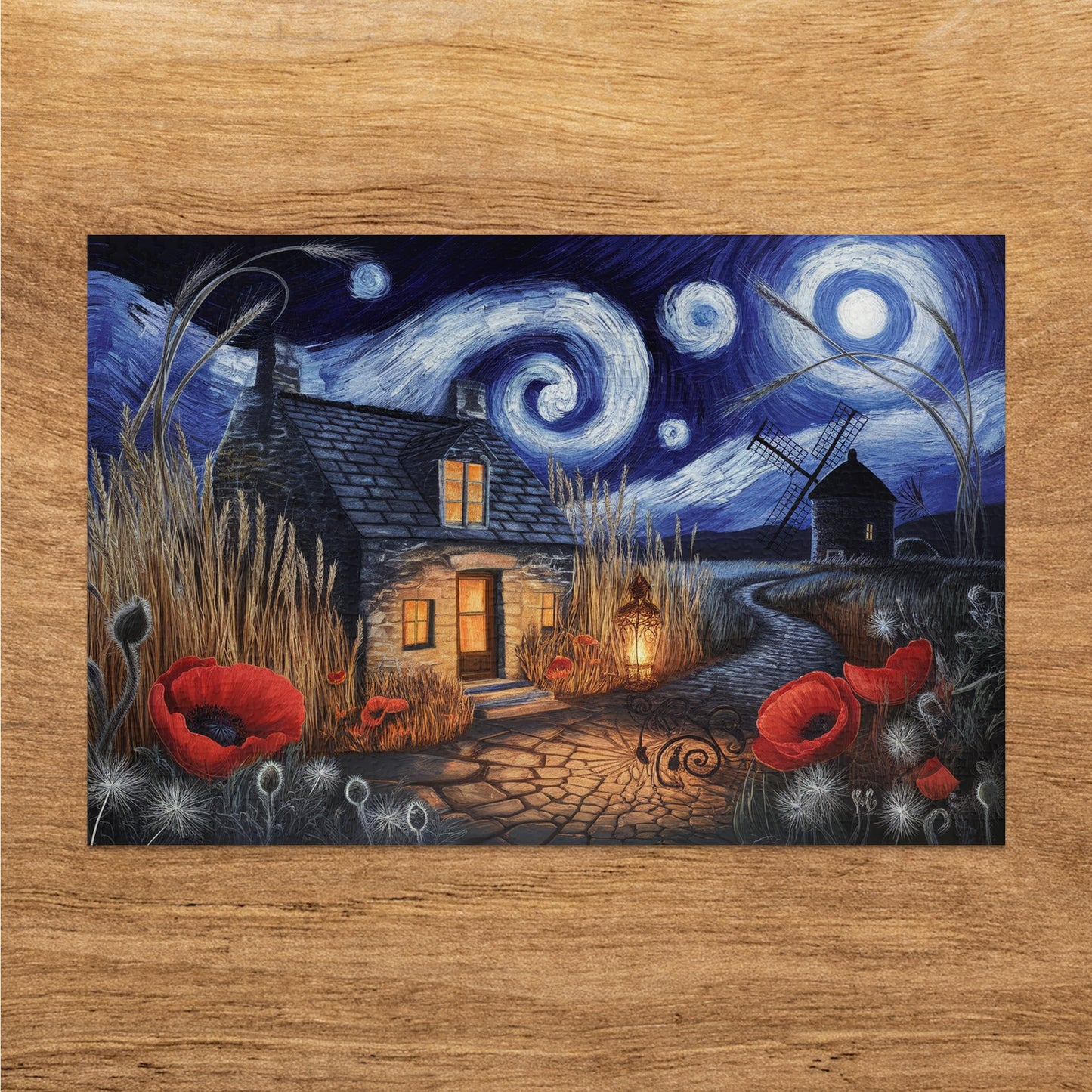 Stone cottage and windmill under a swirling starry night sky with poppies.