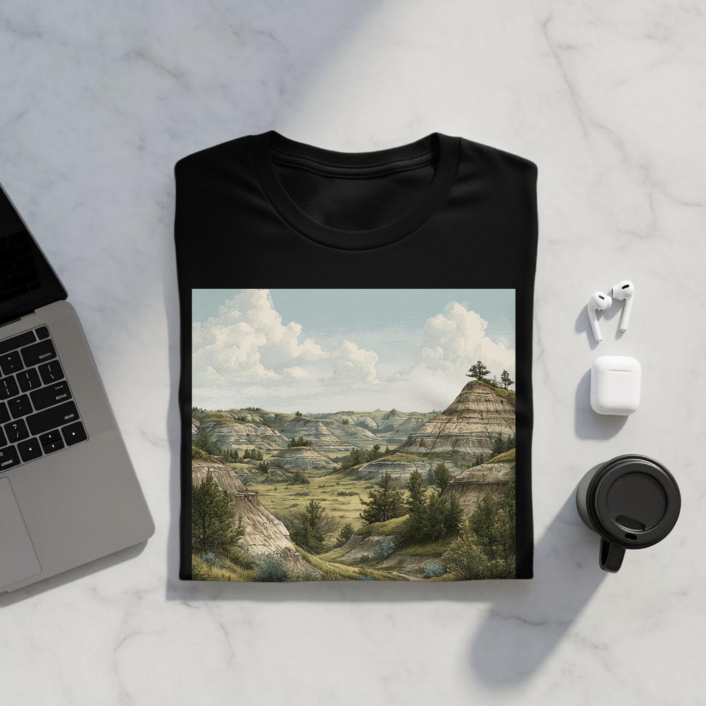 Scenic Landscape Art on Black Graphic T-Shirt