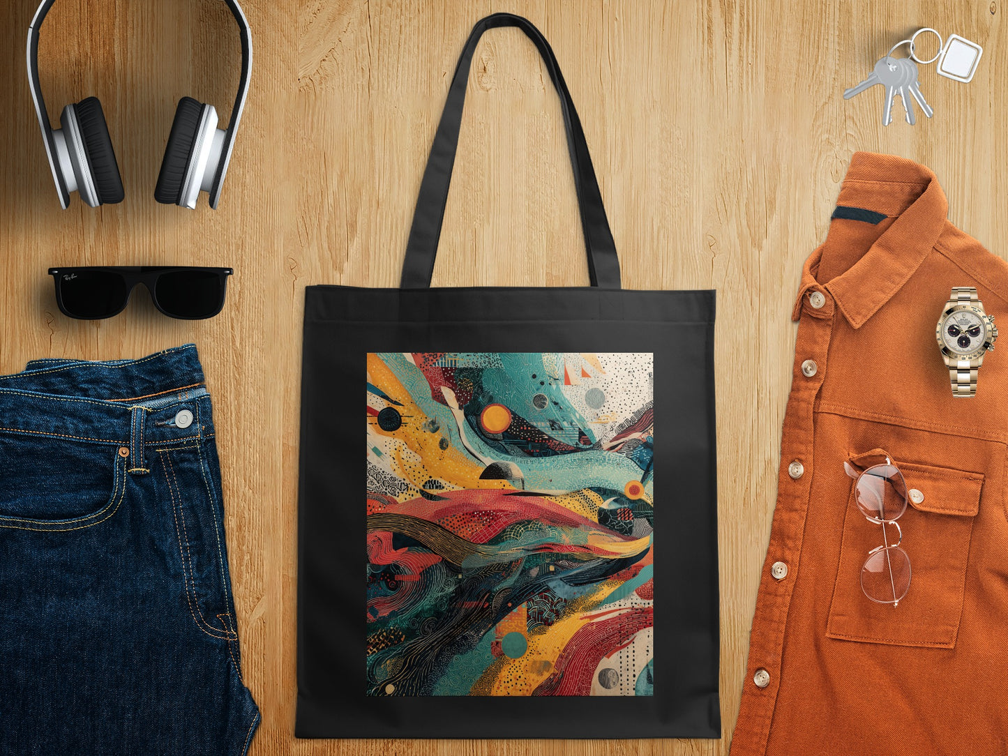 Black tote bag abstract vibrant modern art design product type
Tote bag, Black bag, Abstract art, Vibrant design, Colorful print, Modern art, Artistic pattern, Graphic bag, Unique design, Creative art, Dynamic pattern, Stylish print, Yellow accents, Blue tones, Red hues, Green elements, Multicolored bag, Fashion accessory, Everyday bag, Statement piece