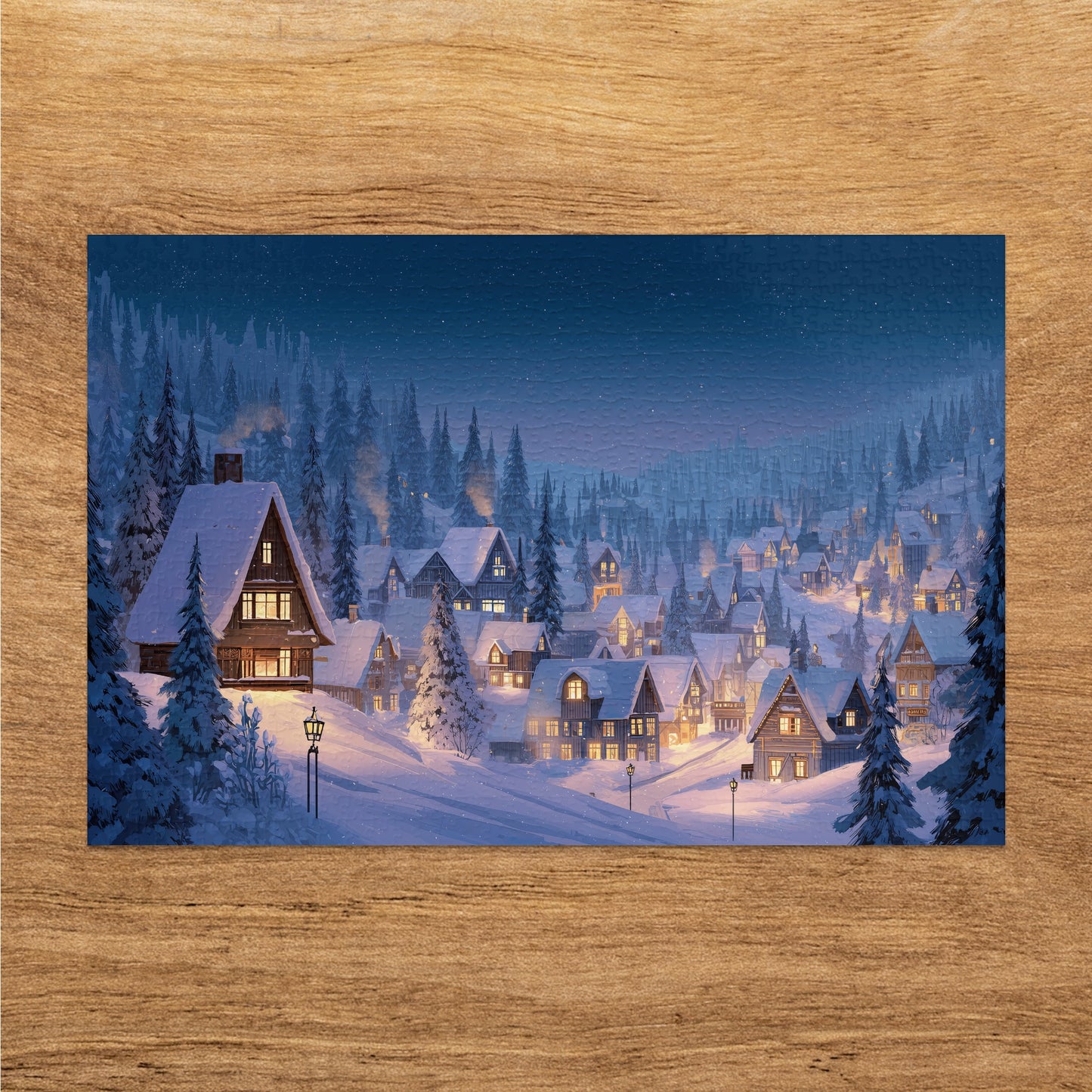 Snow covered village houses warm light winter night product type