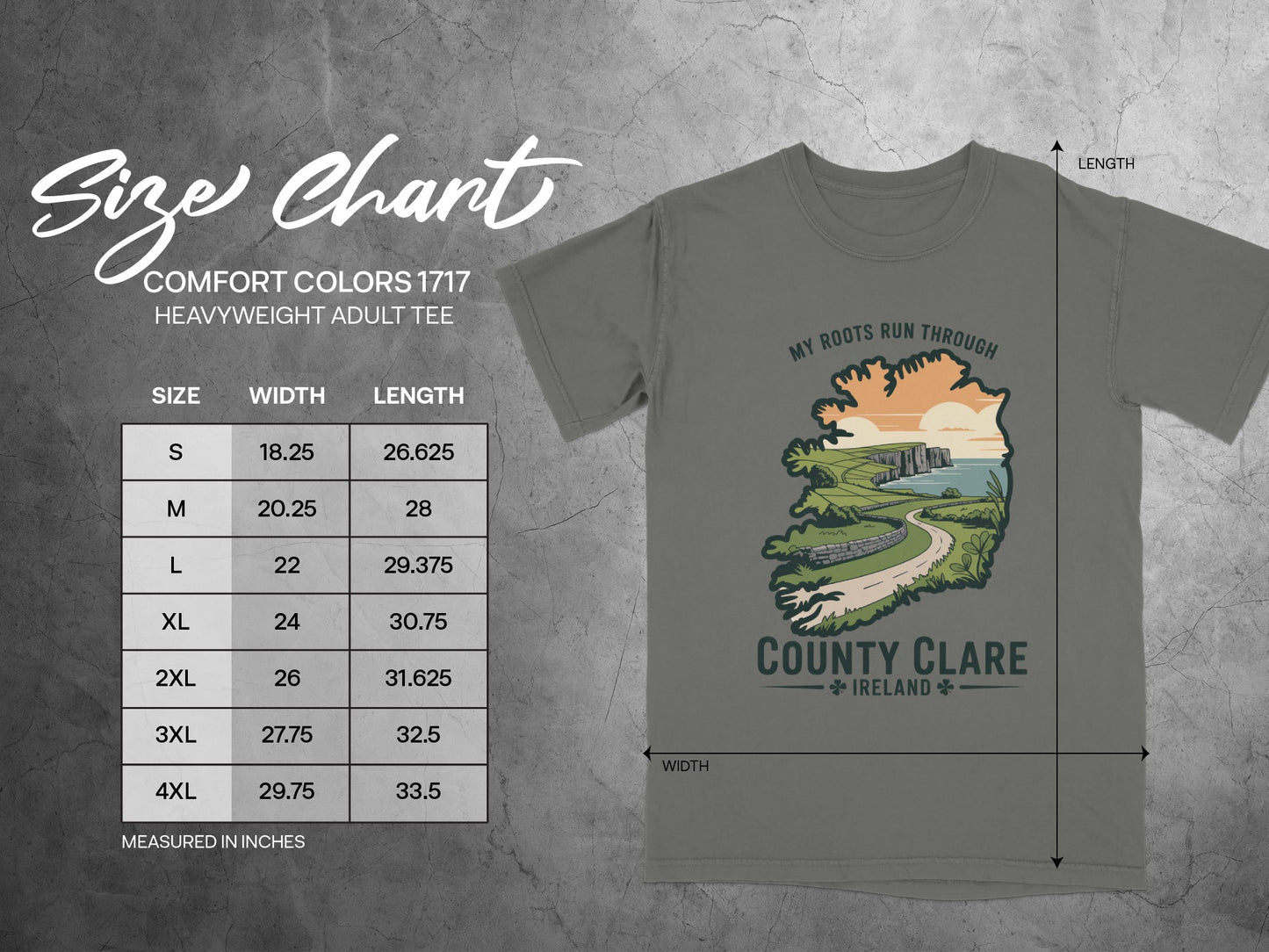 Comfort Colors 1717 heavyweight adult tee size chart with width and length measurements.