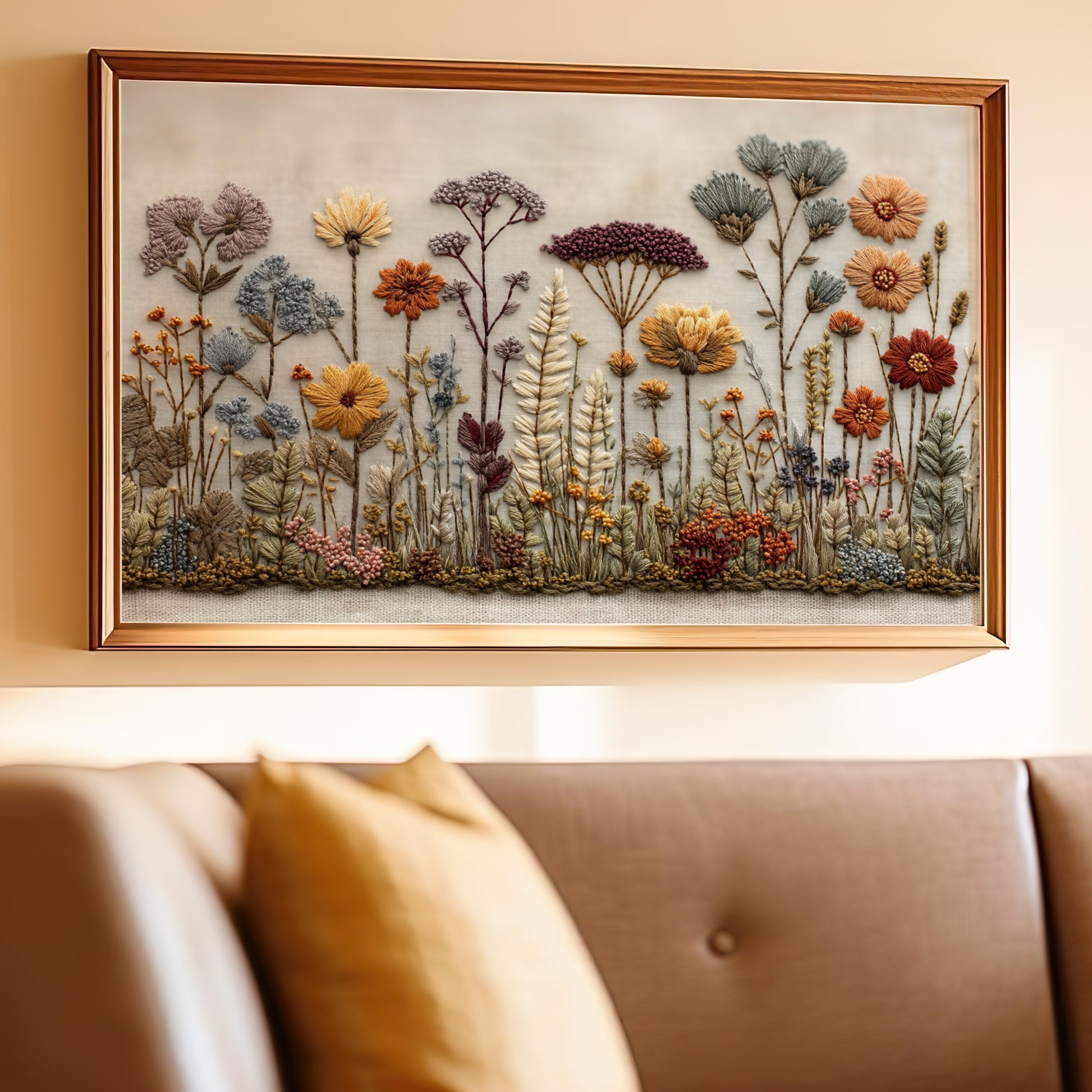 Floral Embroidered Tapestry Wall Art for Living Room Decor