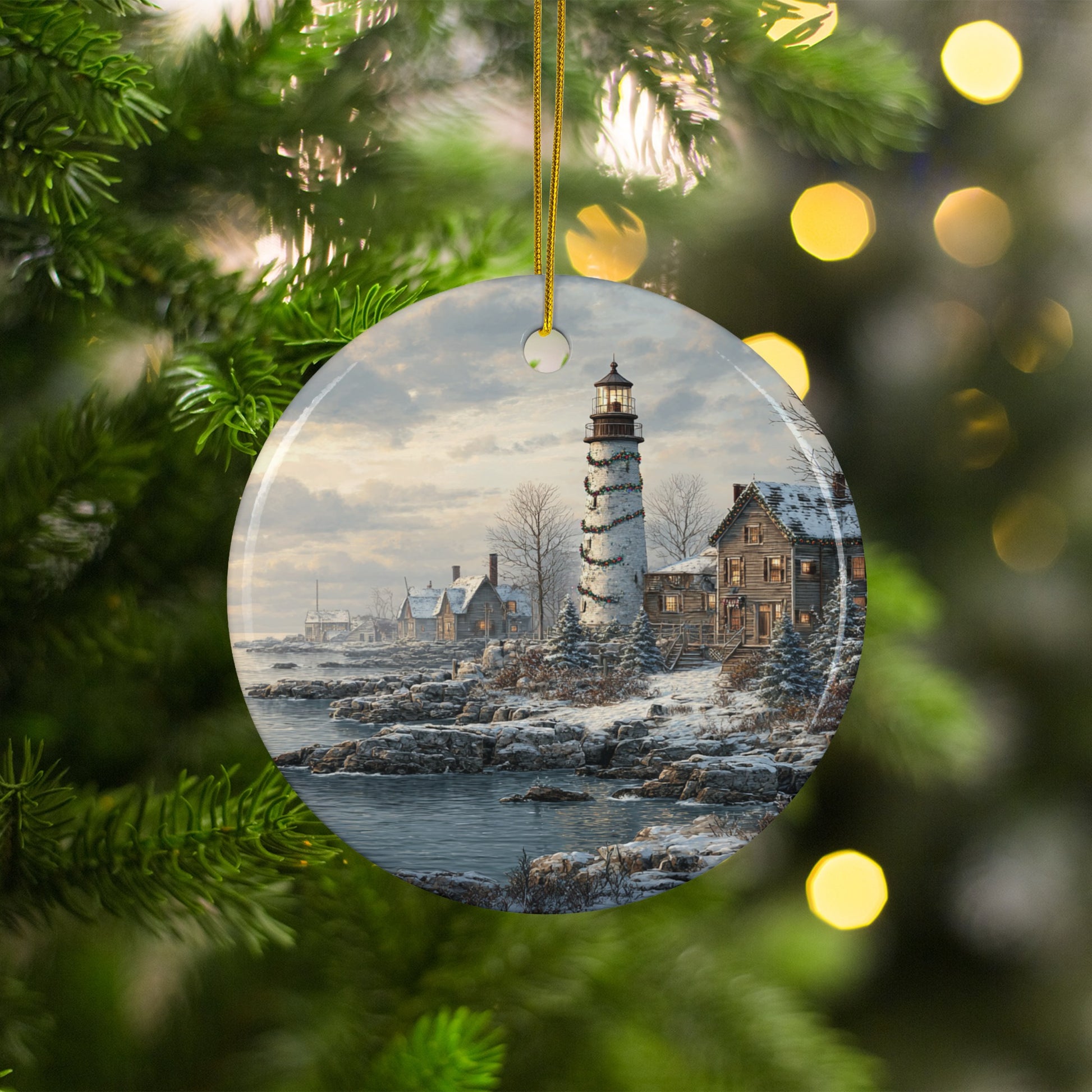 Lighthouse and Village Christmas Tree Ornament