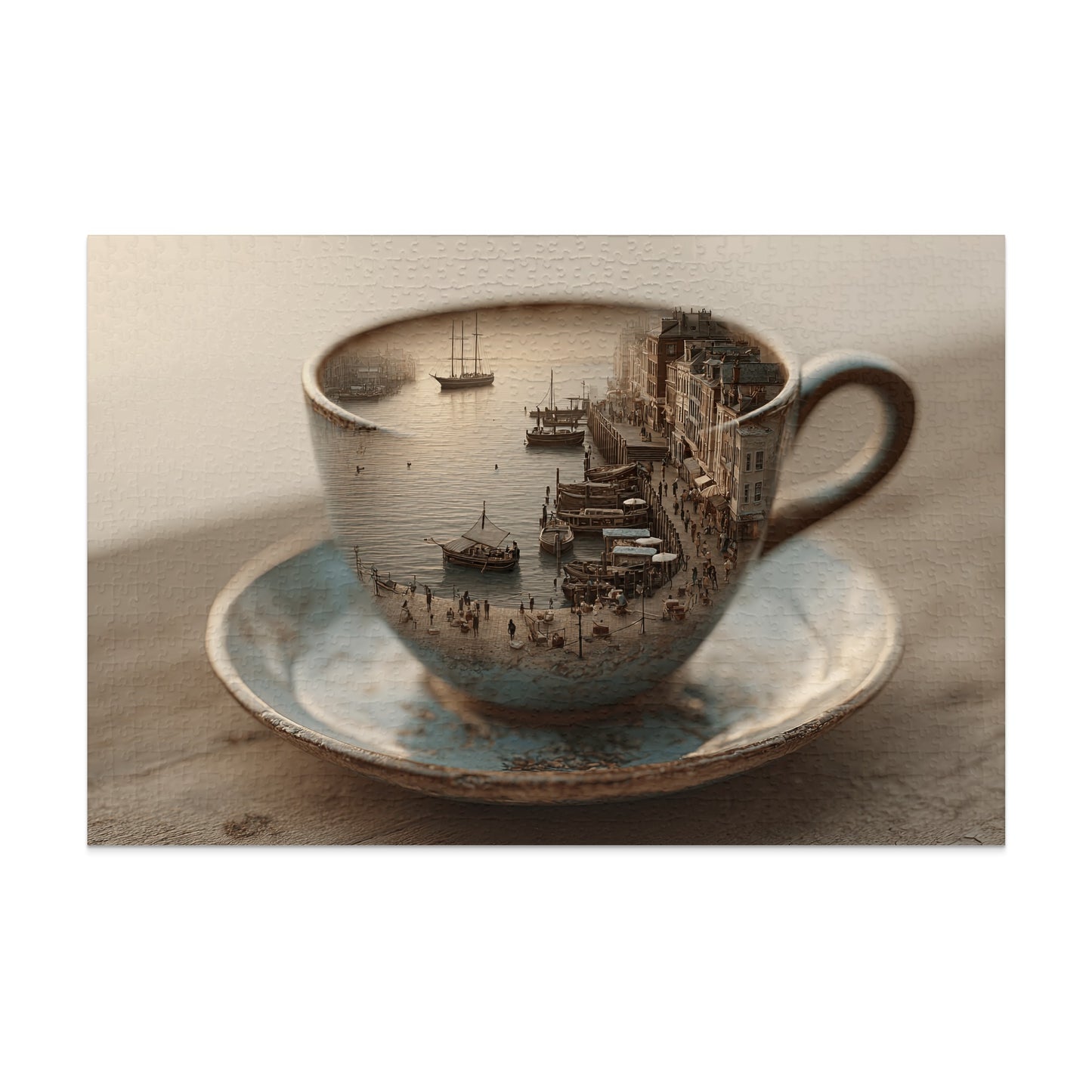 Teacup and saucer filled with a miniature waterfront village scene.