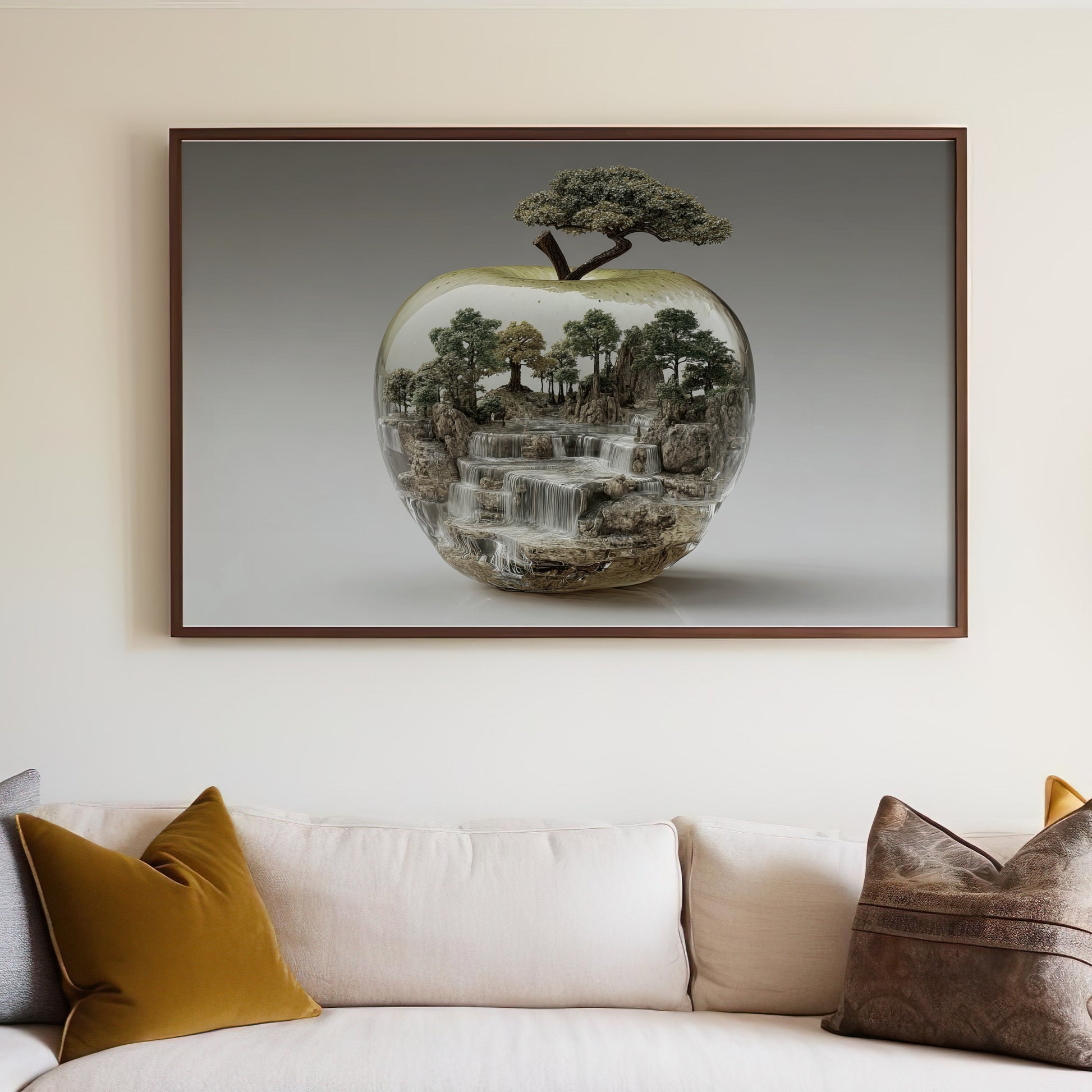 Apple-shaped terrarium with trees and waterfall hanging above a sofa.