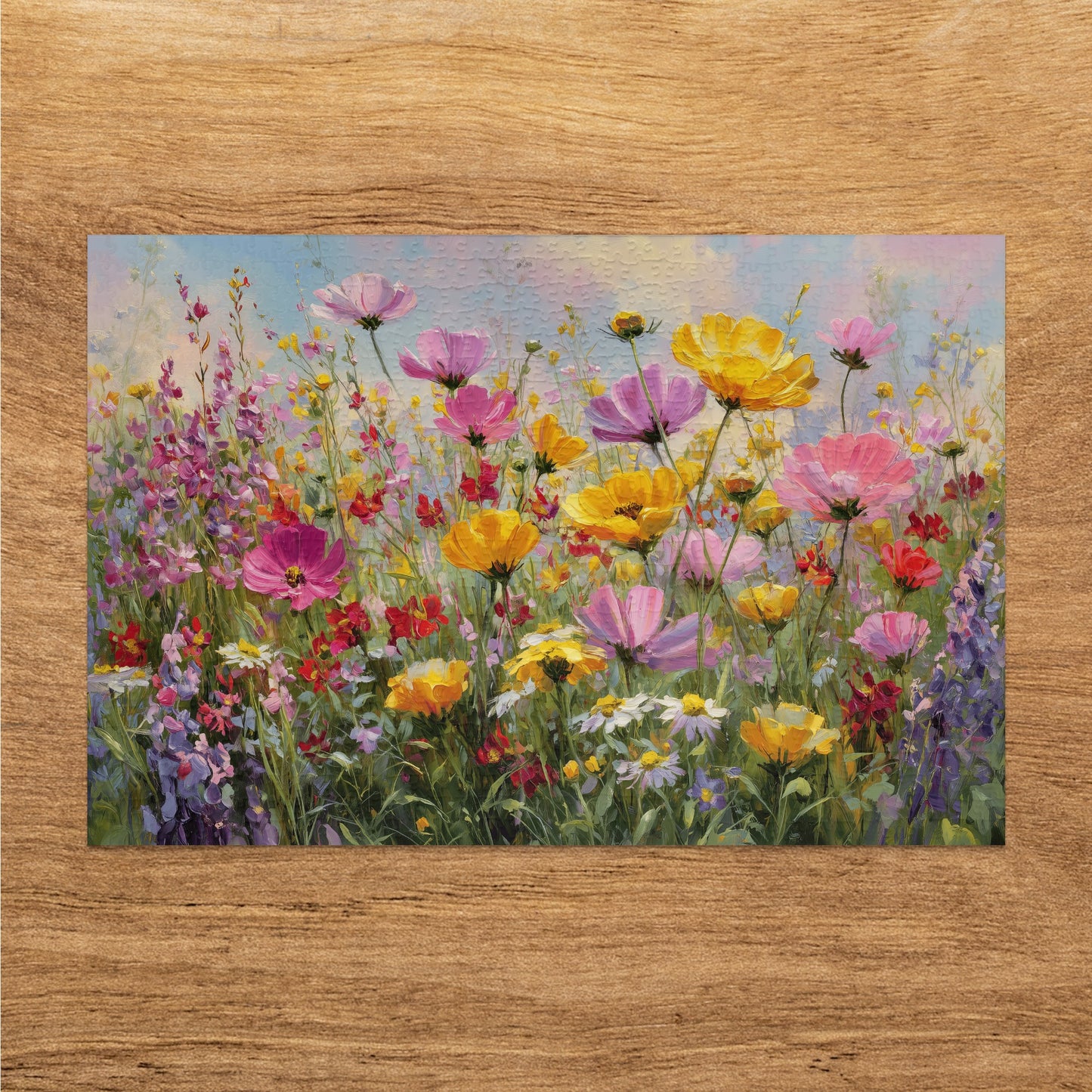 Impressionistic painting of a vibrant field of wildflowers with pink, yellow, and purple blooms.