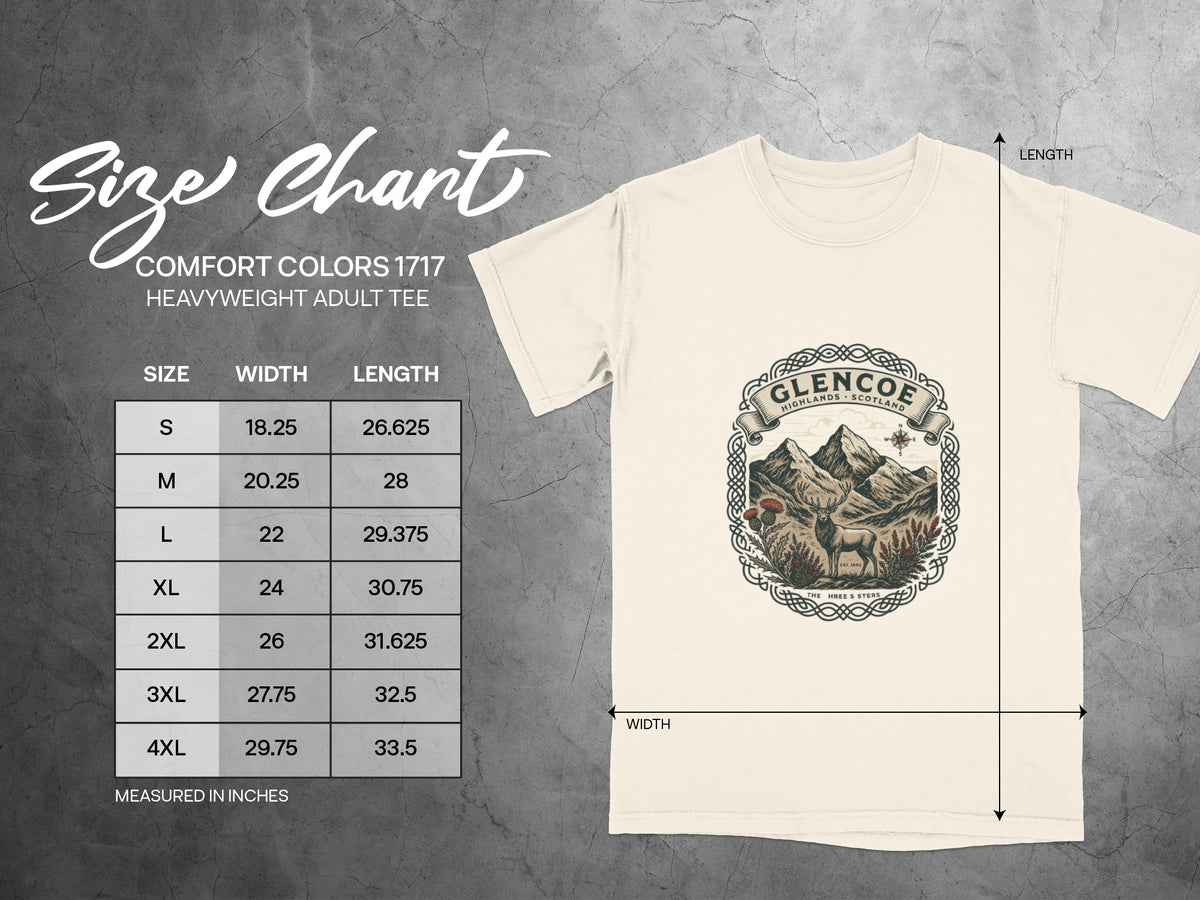 Size chart for Comfort Colors 1717 heavyweight adult tee with graphic.