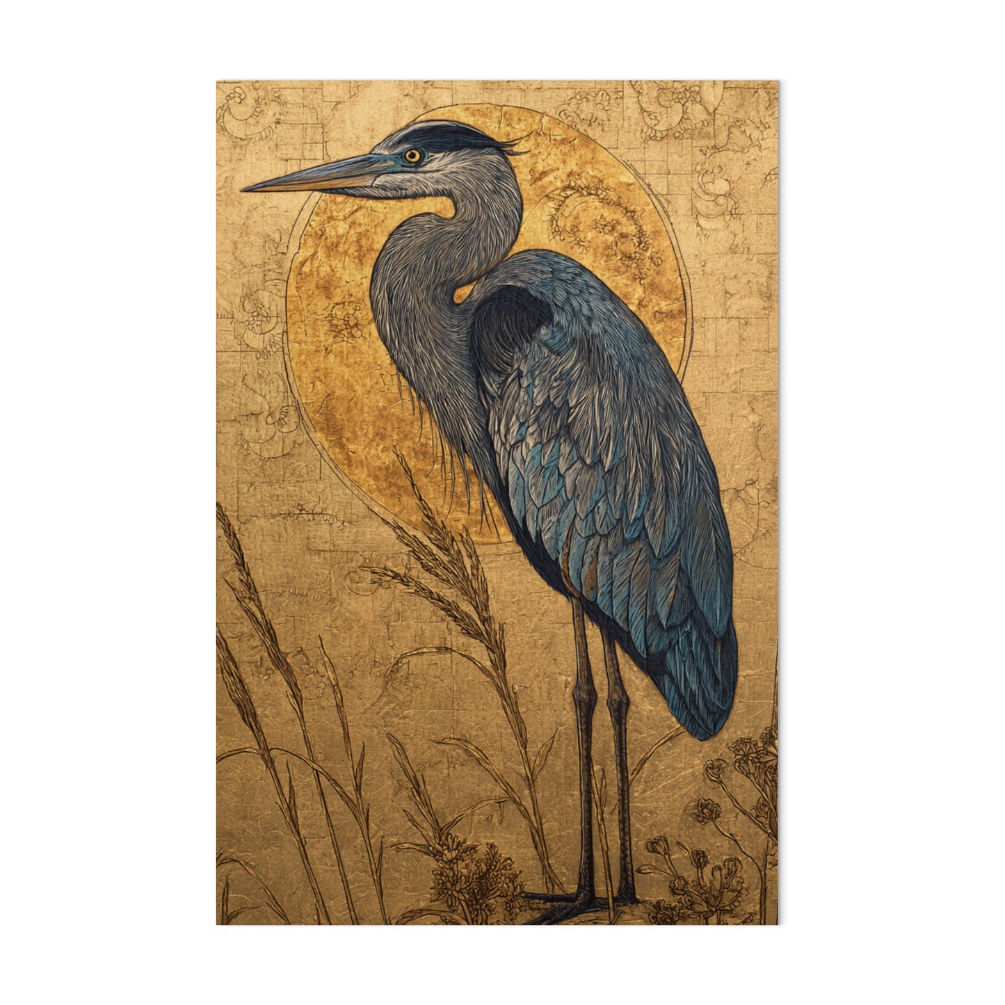 Elegant Blue Heron in Golden Setting Wall Art Decor