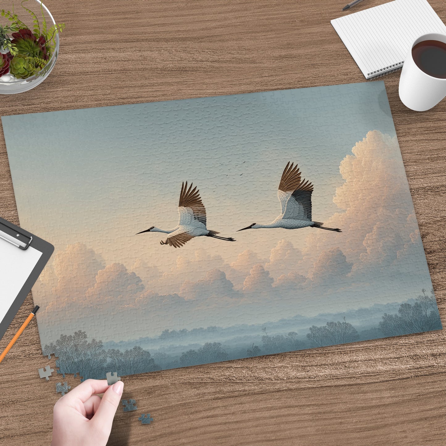 Serene two flying birds against cloudy sky puzzle