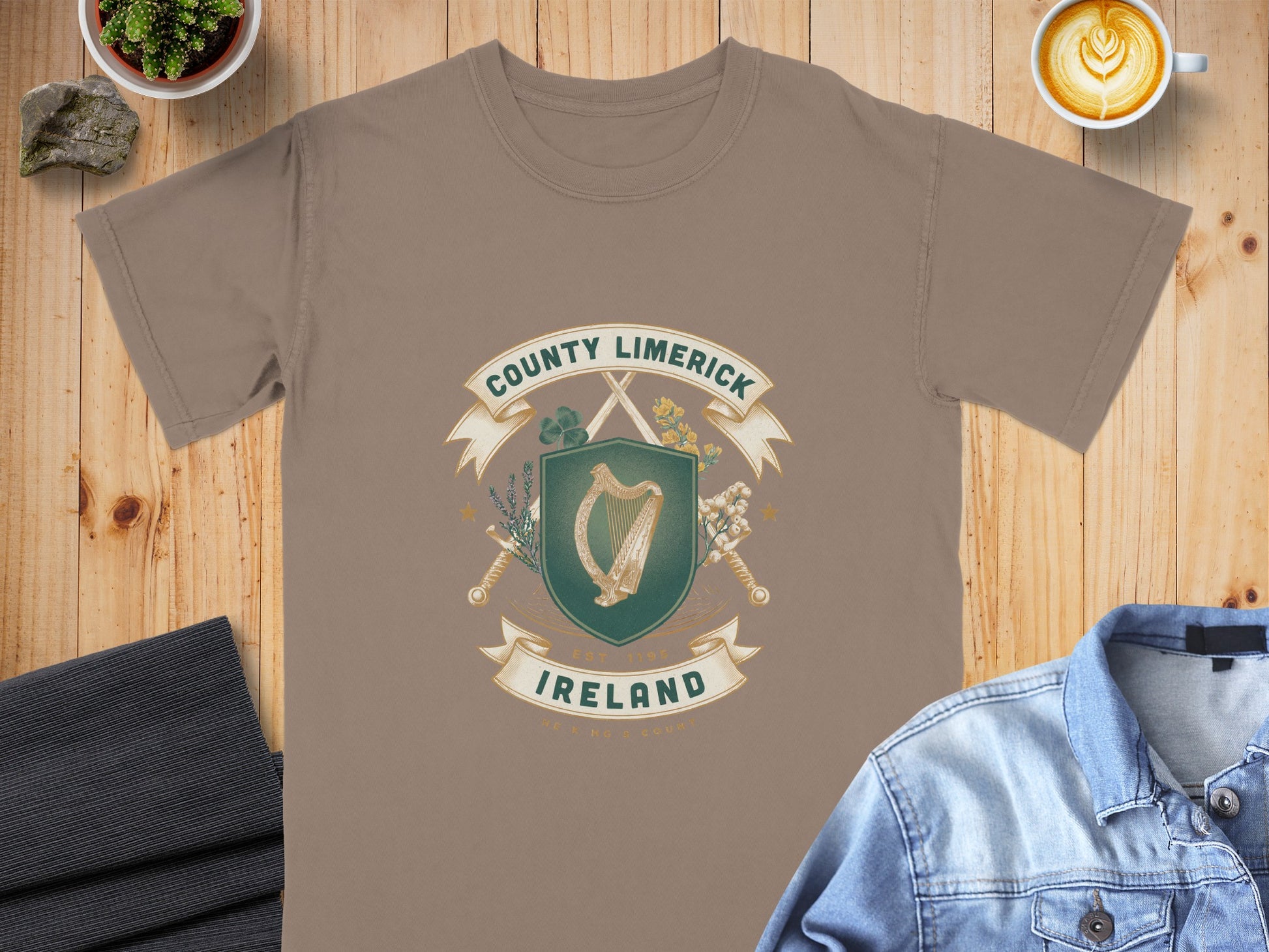 T-shirt with County Limerick Ireland crest featuring a harp and crossed swords.