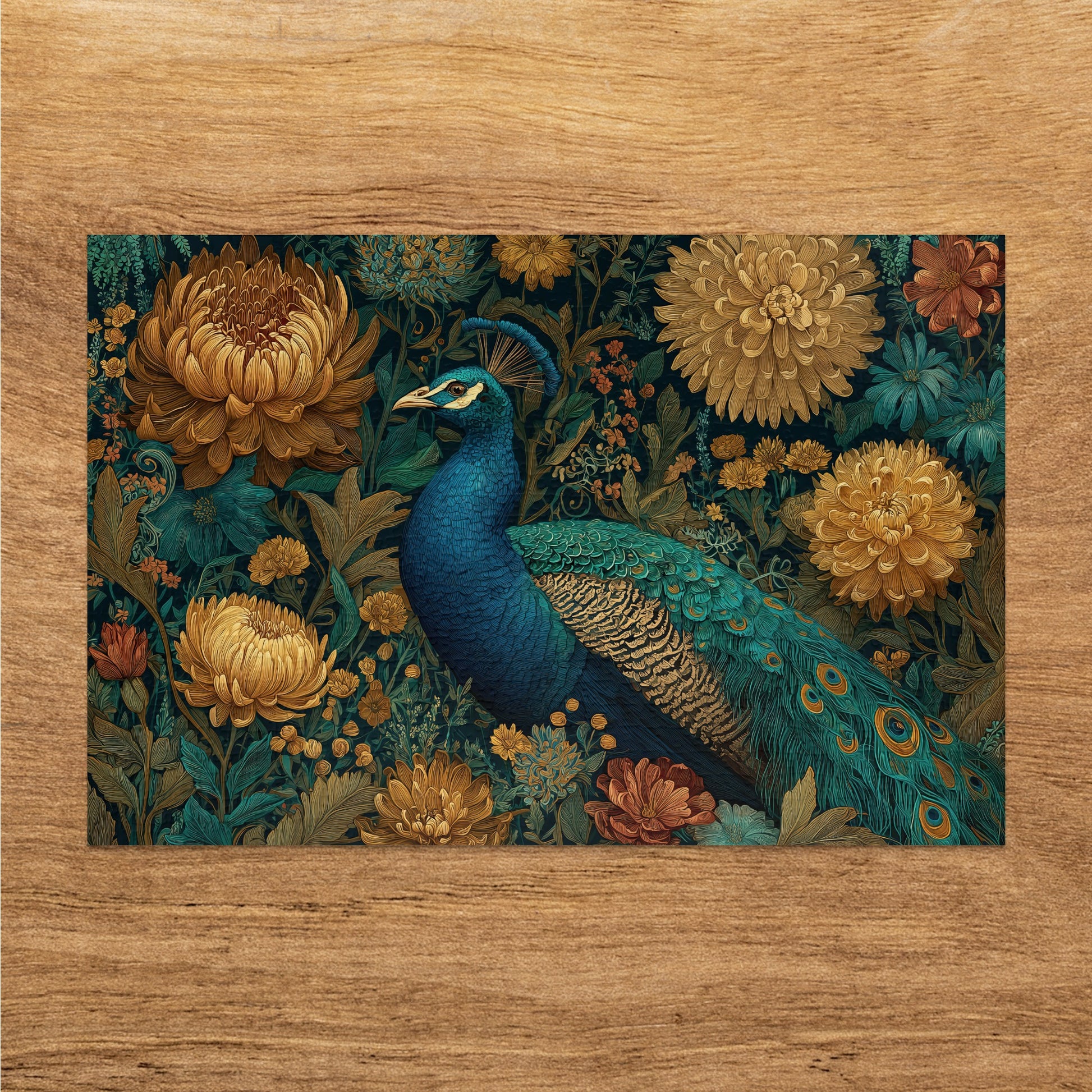 Peacock floral art nouveau illustration product type

peacock art
floral design
art nouveau style
botanical illustration
vintage bird
chrysanthemum print
gold flowers
blue peacock
green foliage
ornate pattern
elegant decor
exotic bird
majestic artwork
nature inspired
decorative art
rich colors
teal accents
luxurious print
intricate detail
wildlife art